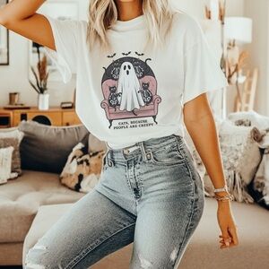 Halloween Cats and Ghost Tee White Graphic T-Shirt Retro Spooky Season Top